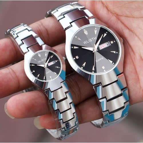 Silver Band Black Dial Quartz Watches For Couples