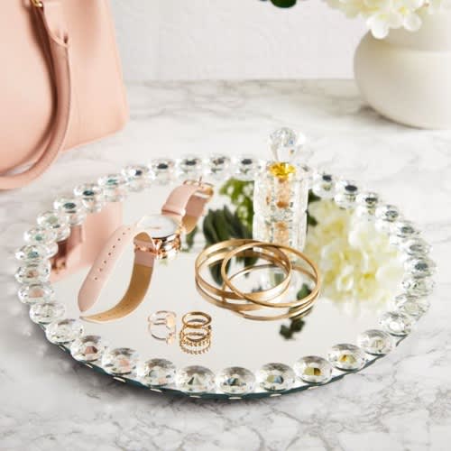 Lazy Suzan - Round Mirrored Decorative Serving Tray - Coffee Table Ottoman Crystal Bead Platt