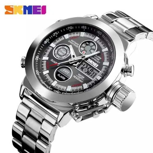 Dual Display Waterproof Chronograph  Steel Watch - Silver