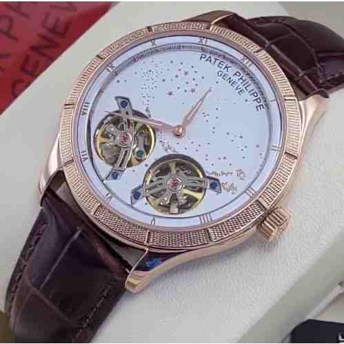 Patek Philippe Leather Watch With Rose Gold Bezel And Dials