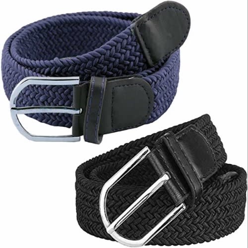 Set Of 2 Unisex Elastic Braided Belts  - Blue And Black - Medium & Large Waist Size