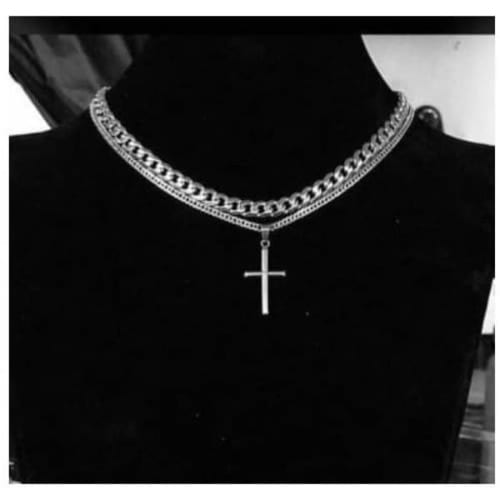 Cuban Link Chain With Cross Pendant - Silver - 18x22inches