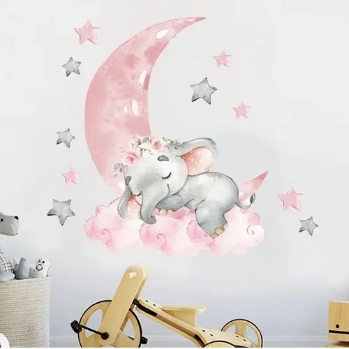 Moon Sleeping Elephant With Garland Wall Sticker - 30*90cm - Pink