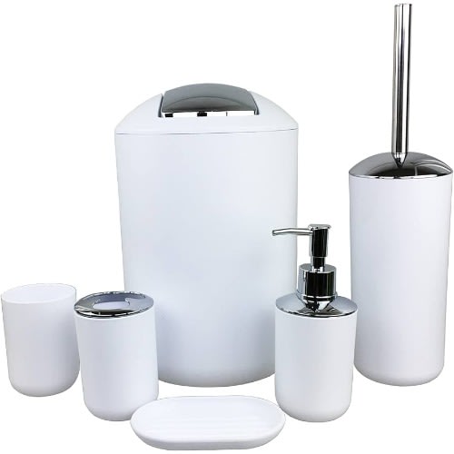 Set Of 6 Bathroom Accessories - Plastic - White