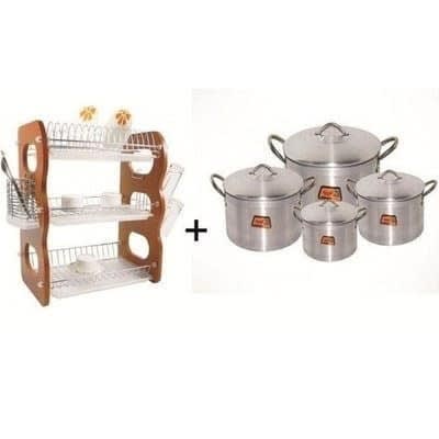 Cooking Pots Set - 4 Pieces And 3 Tier Plate Rack