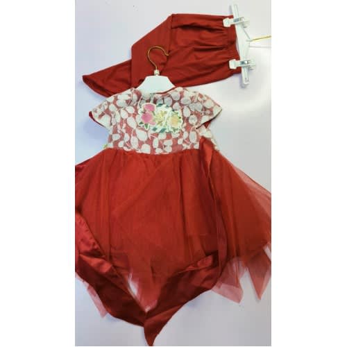 Hanma Rose Gown With Leggings For Girls - Red