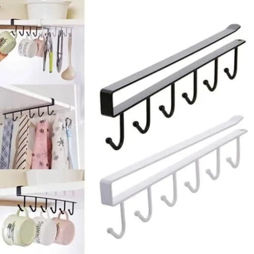 6 Hooks Under Cabinet Kitchen Storage Shelf Hang - 2 Pcs