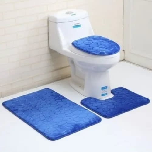 Toilet And Bathroom Floor Rug Mat - Blue - Set Of 3