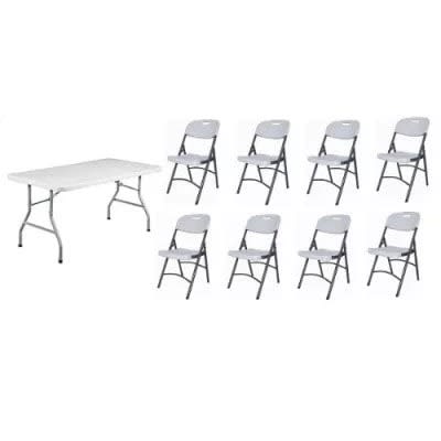 Rectangular 5ft Plastic Table With Foldable Metal Legs And 8 Bouquet Chairs