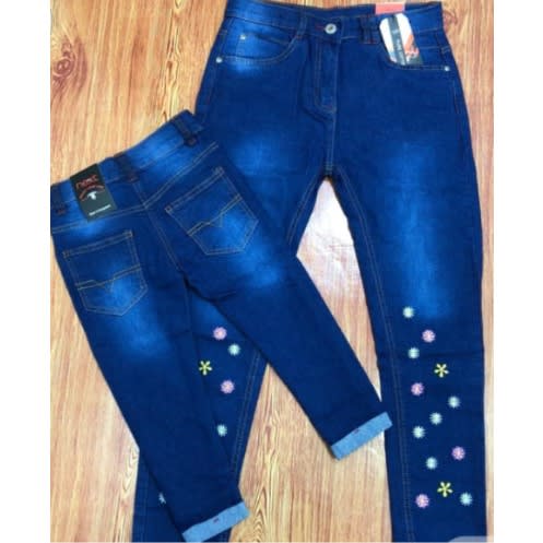 Girls Jean With Flower Embroidery - Blue