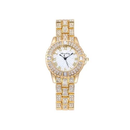 Ladies Studded Rhinestone Wrist Watch - Gold
