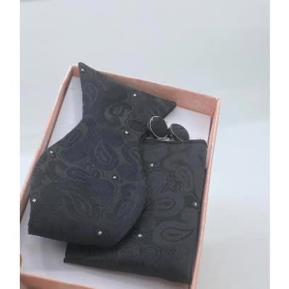 3-in-1 Self Knot Pattern Men's Bow Tie - Cufflinks - Pocket Square