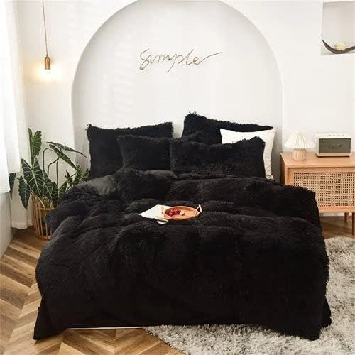 Bedding Collection Fur Duvet - Bedsheet + 4 Pillow Cases Black