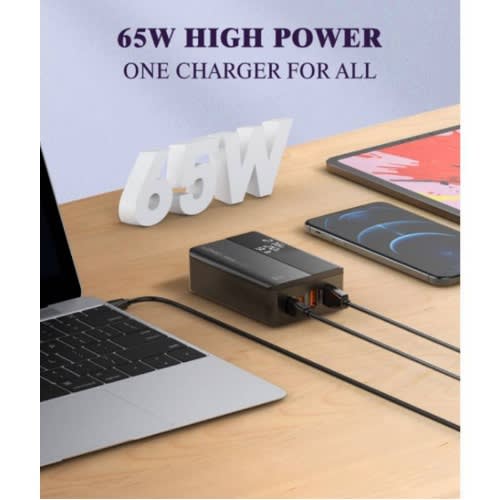 4port 65w Usb Charger With Led Display Multiport Fast Charger Adapter- Black