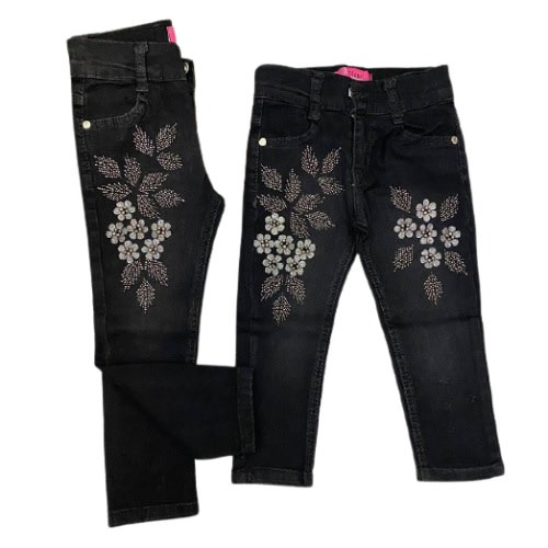 Girls Floral Pattern Jeans - Black