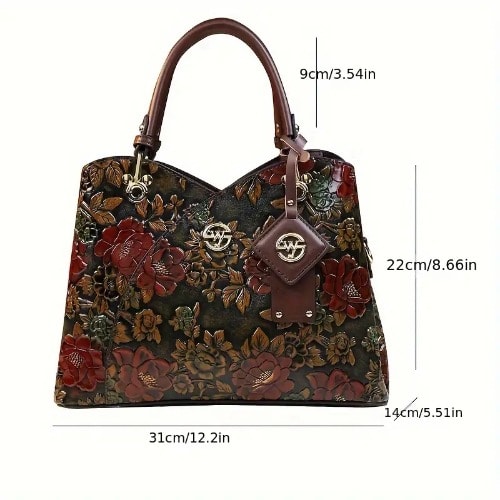 Vintage Flower Pattern Handbag - Coffee Brown
