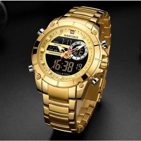 Men's Watch - Gold Quartz Waterproof Dual Display - Analog & Digital