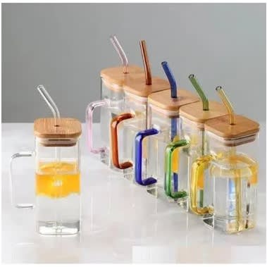 Drinking Glass Cup With Bamboo Lids And Straw -1 Unit