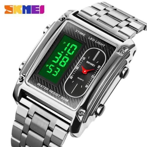 Stainless Steel Digital Dual Time Men's Wrist Watch