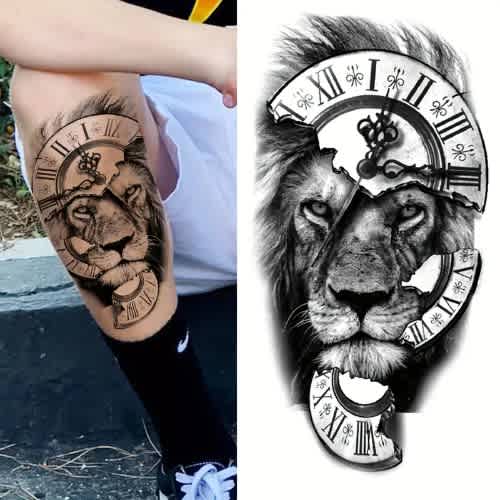 Lion Roman Numerals Clock Temporary Waterproof Tattoo Body Art Sticker