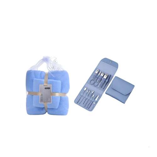 2 In 1 Bath Towel And Face Towel Set - 12Pcs Wallet Manicure Grooming Set - Blue