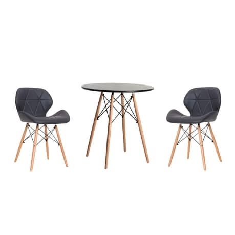 Wooden Round Dining Table With 2 Soft Padded Pu Leather Chairs -Black