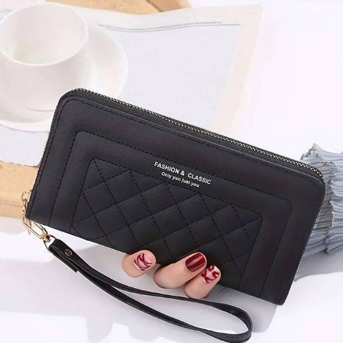 Ladies Leather Double Zipper Clutch Casual Purse Long Wallet - Black