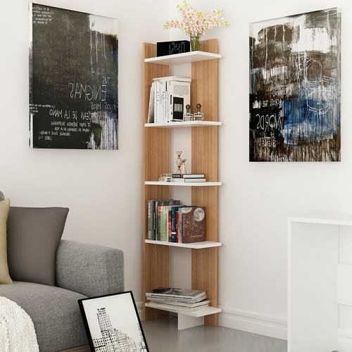 Sadia- Corner Bookcase - White & Teak