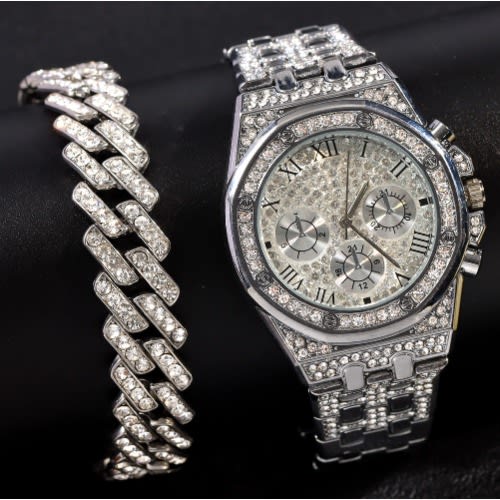 Men's Iced Cuban Bracelet And Quartz Watch Set - Silver