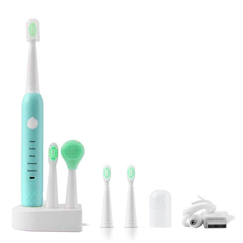 5 Modes Rechargeable Sonic Electric Toothbrush W/ 4 Brush Heads&Charger Green