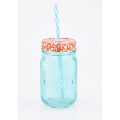Clarion Mason Jar Set With Lid & Straw 473ml - Blue