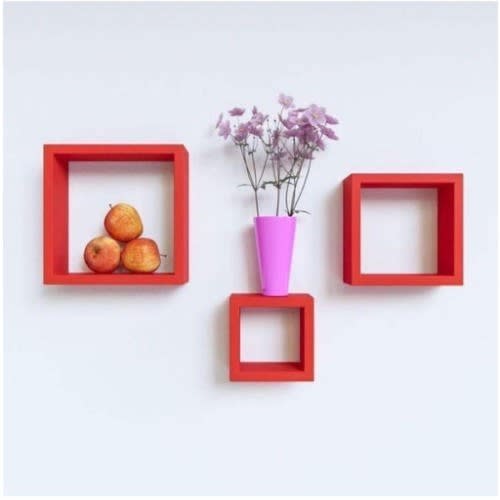 Set Of 3-square Shape Floating Wall Shelf - Red