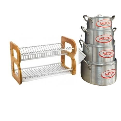 2 Layers Wooden Plate Rack Dish Drainer -22'' -With 4 Set Of Milton Pots