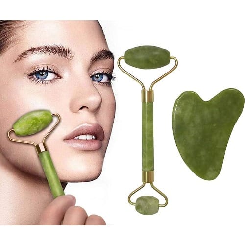 Flawless Contour Jade Roller And Gua Sha With Brush Set - Green