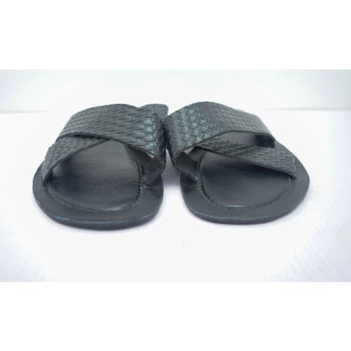 Men's Fashionable Leather Cross Basket Pattern Pam Slippers-black