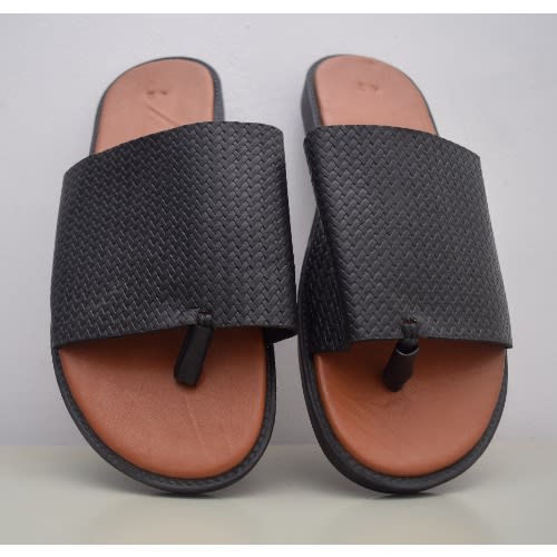 Men's Basket Patterned Leather Pam Slippers- Black