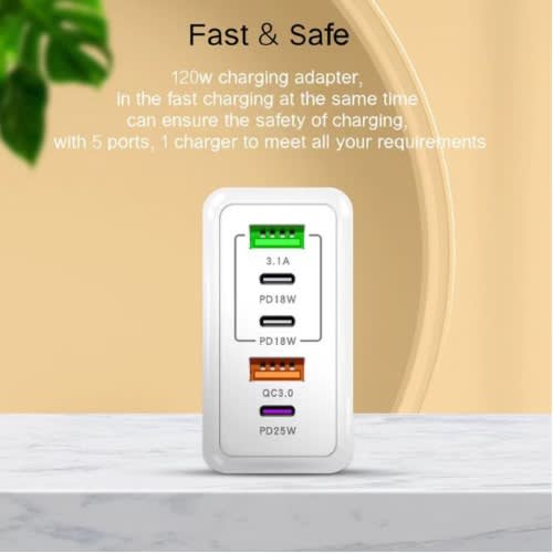 120W Fast Charger Adapter Suitable For All Phones - 5 In 1 Port Charger Head