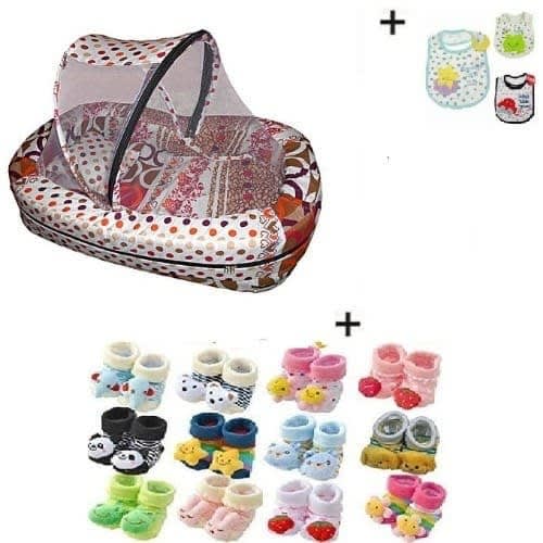 Baby Bed, 12 Pair Of Colorful Baby Shoes & 3 Free Bibs