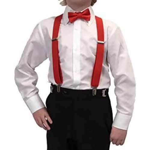 Kids Unisex Dress Shirt With Matching Bowtie And Suspender- White/red