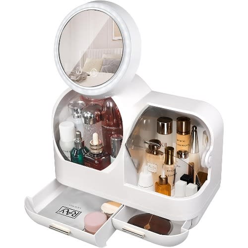 Table Top Makeup Organizer 360&deg; Rotating Mirror, Touch Control Led Lights And Fan