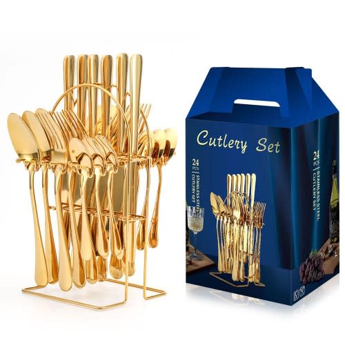 Stainless Steel Spoons & Forks With Rack - 24 Pieces - Gold Plated