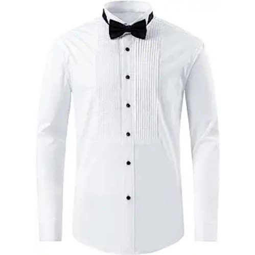 Men's Wing Collar Pleated Shirt With Matching Bowtie -  White / Black