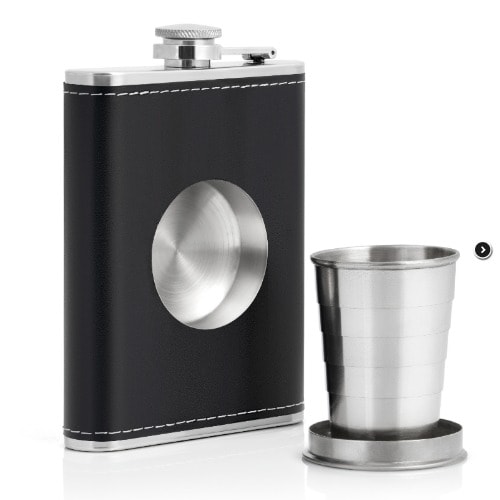 Leather Hip Liquor Whisky Flask With Built-in Collapsible Shot Cup-8oz