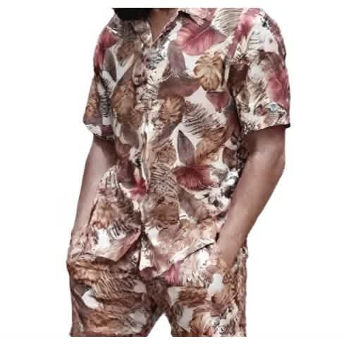 Mens Casual Short Sleeve Floral Shirt + Shorts Brown
