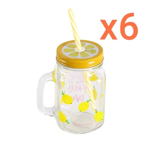 Mason Jar Mugs With Handle - Colored Lids & Plastic Straws - 6pcs