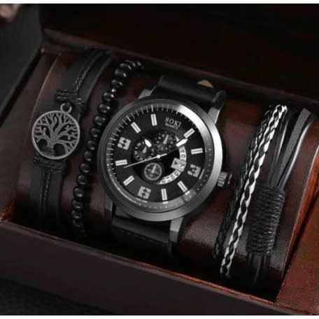 Office Casual Leather Watch With Bracelets- Black