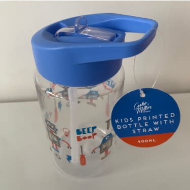Kids Printed Bottle With Straw - 400ml- Robots