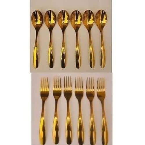 Spoon And Fork Set - 12 Pieces - Stainless Steel - Gold Plated