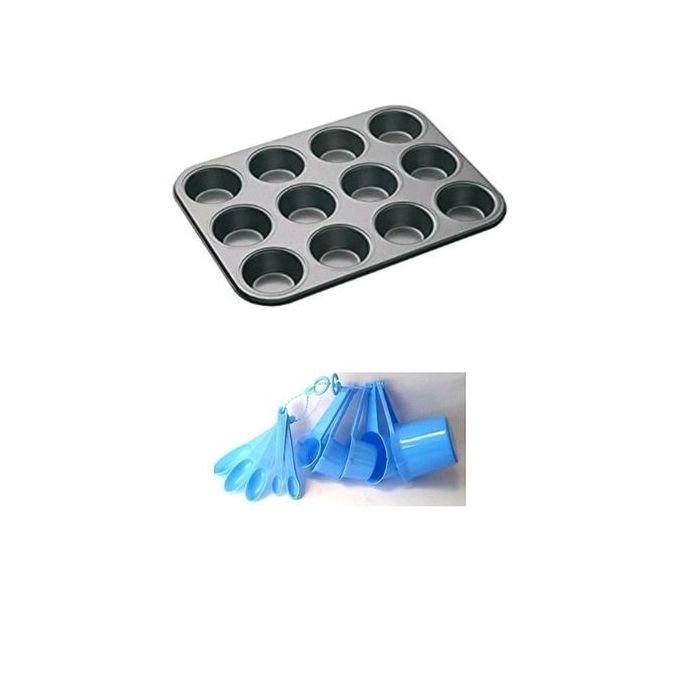 Nonstick Cupcake Baking Pan Tray + Measuring Cups And Spoons.