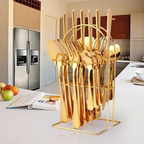 Stainless Steel Spoon & Fork Set & Rack - 24 Pcs -gold